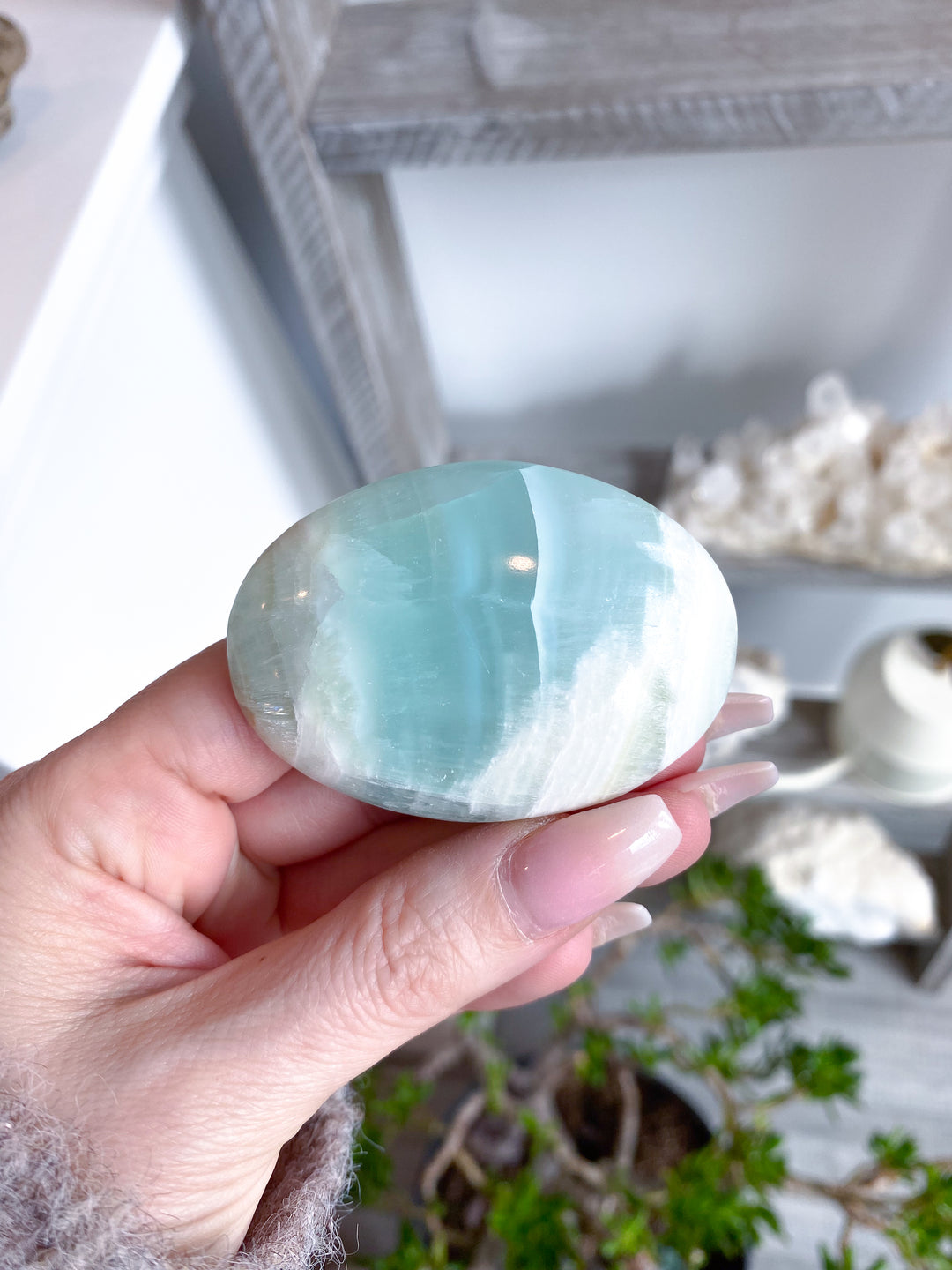 Pistachio Calcite Palm Stone #3 - Green Calcite