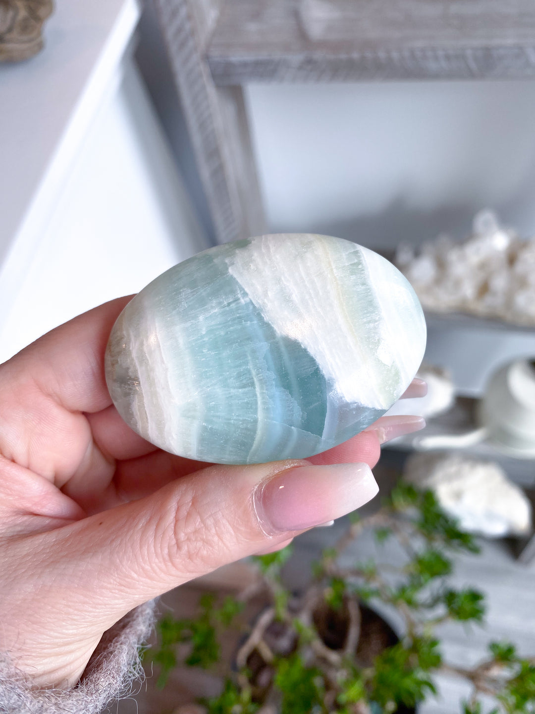 Pistachio Calcite Palm Stone #3 - Green Calcite