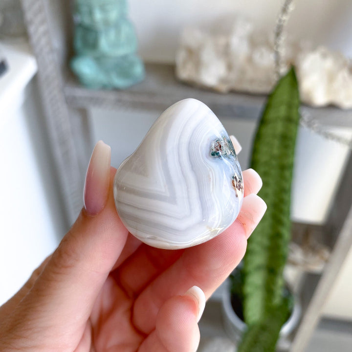 White Botswana Agate Pebble w/ Green Inclusion 