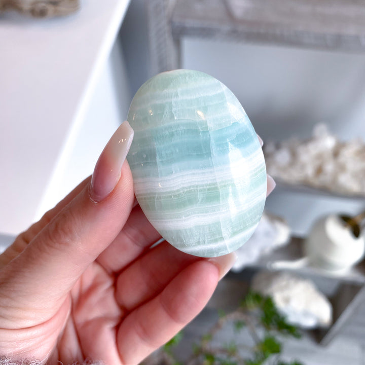 Striped Small Pistachio Calcite Palm Stone #2 - Green Calcite