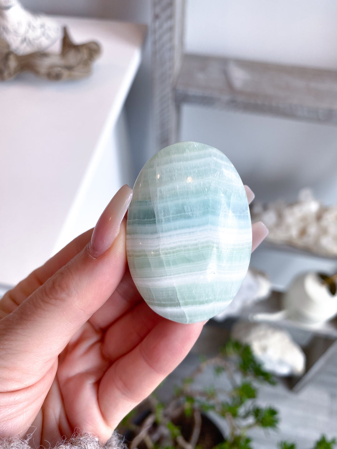 Striped Small Pistachio Calcite Palm Stone #2 - Green Calcite
