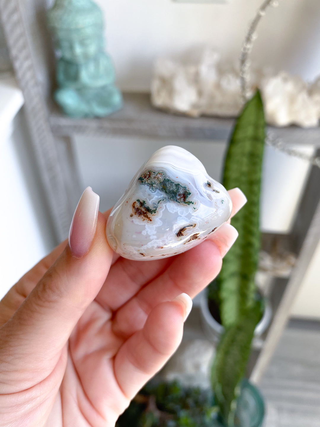 White Botswana Agate Pebble w/ Green Inclusion 