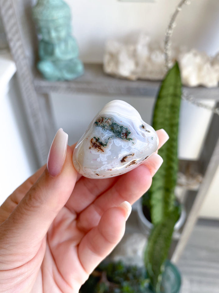 White Botswana Agate Pebble w/ Green Inclusion 