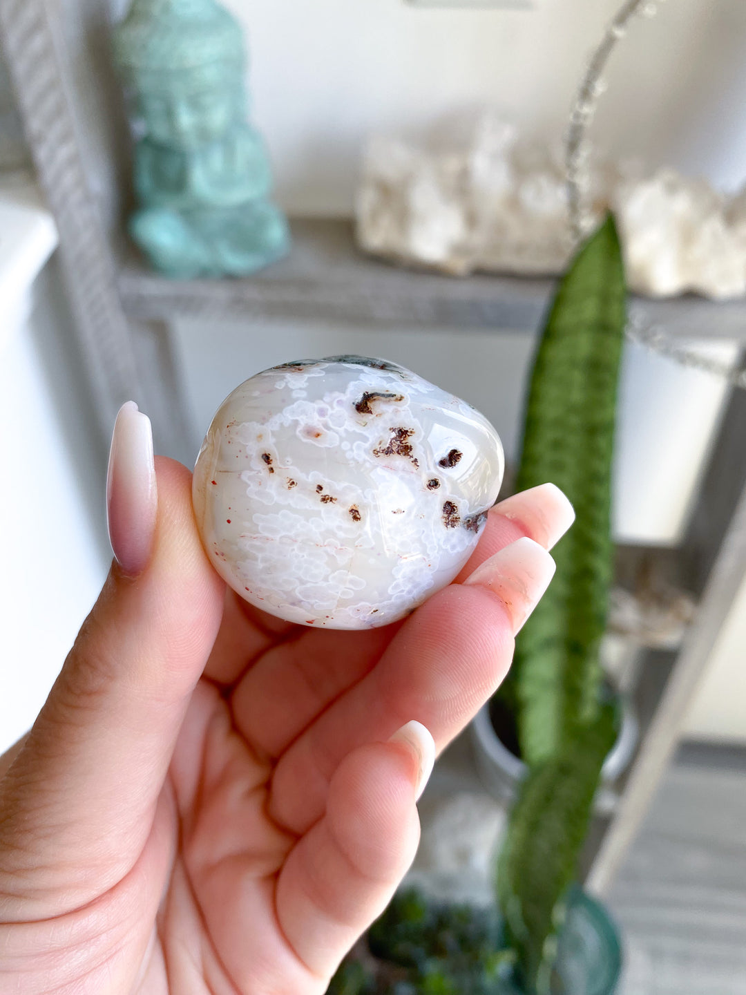White Botswana Agate Pebble w/ Green Inclusion 