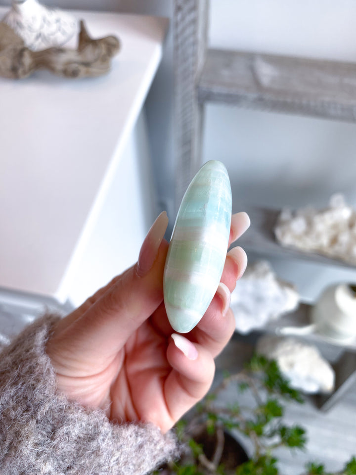 Striped Small Pistachio Calcite Palm Stone #2 - Green Calcite