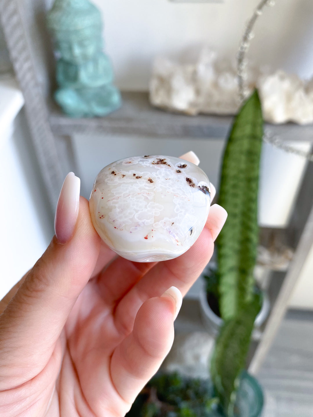 White Botswana Agate Pebble w/ Green Inclusion 