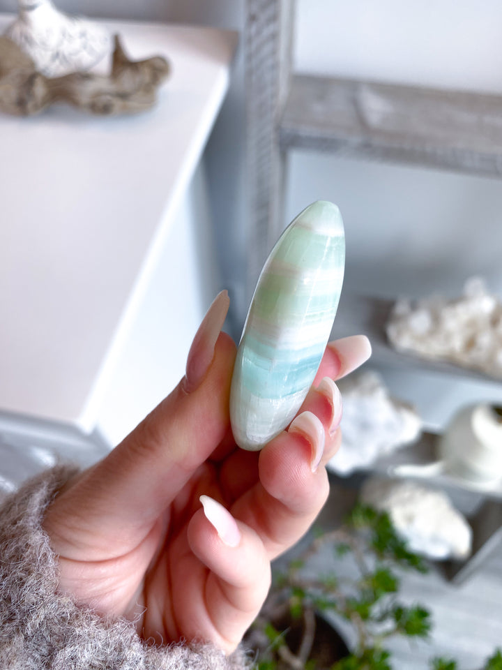 Striped Small Pistachio Calcite Palm Stone #2 - Green Calcite