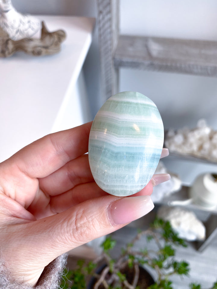 Striped Small Pistachio Calcite Palm Stone #2 - Green Calcite