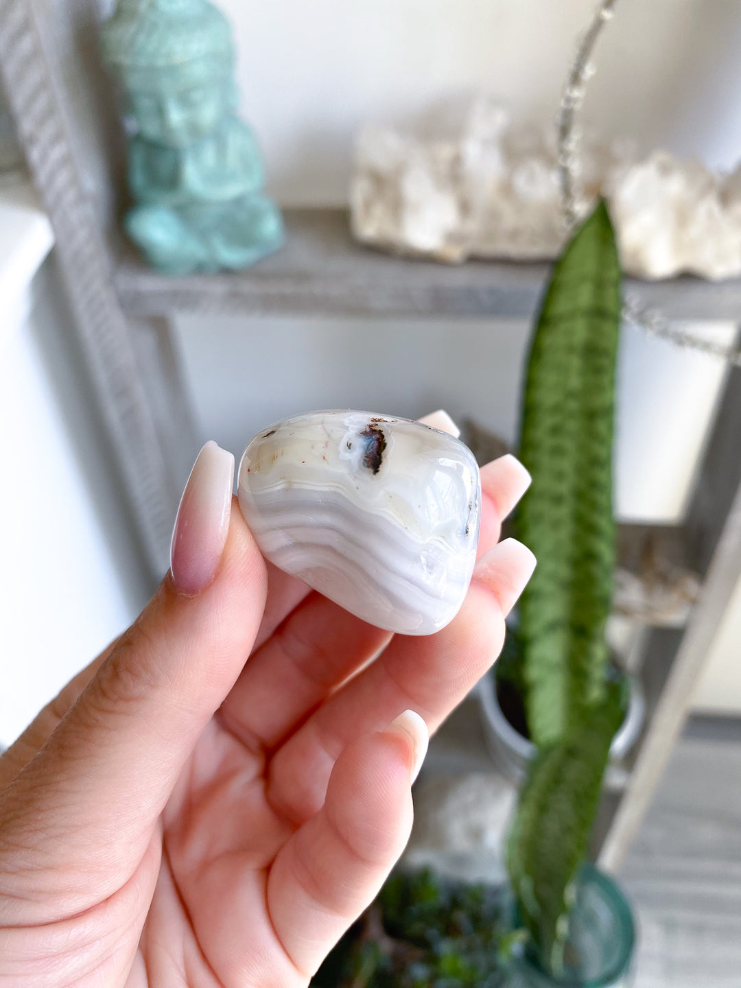 White Botswana Agate Pebble w/ Green Inclusion 