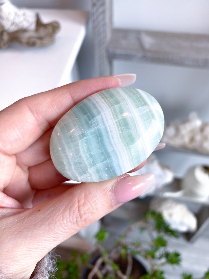 Striped Small Pistachio Calcite Palm Stone #2 - Green Calcite