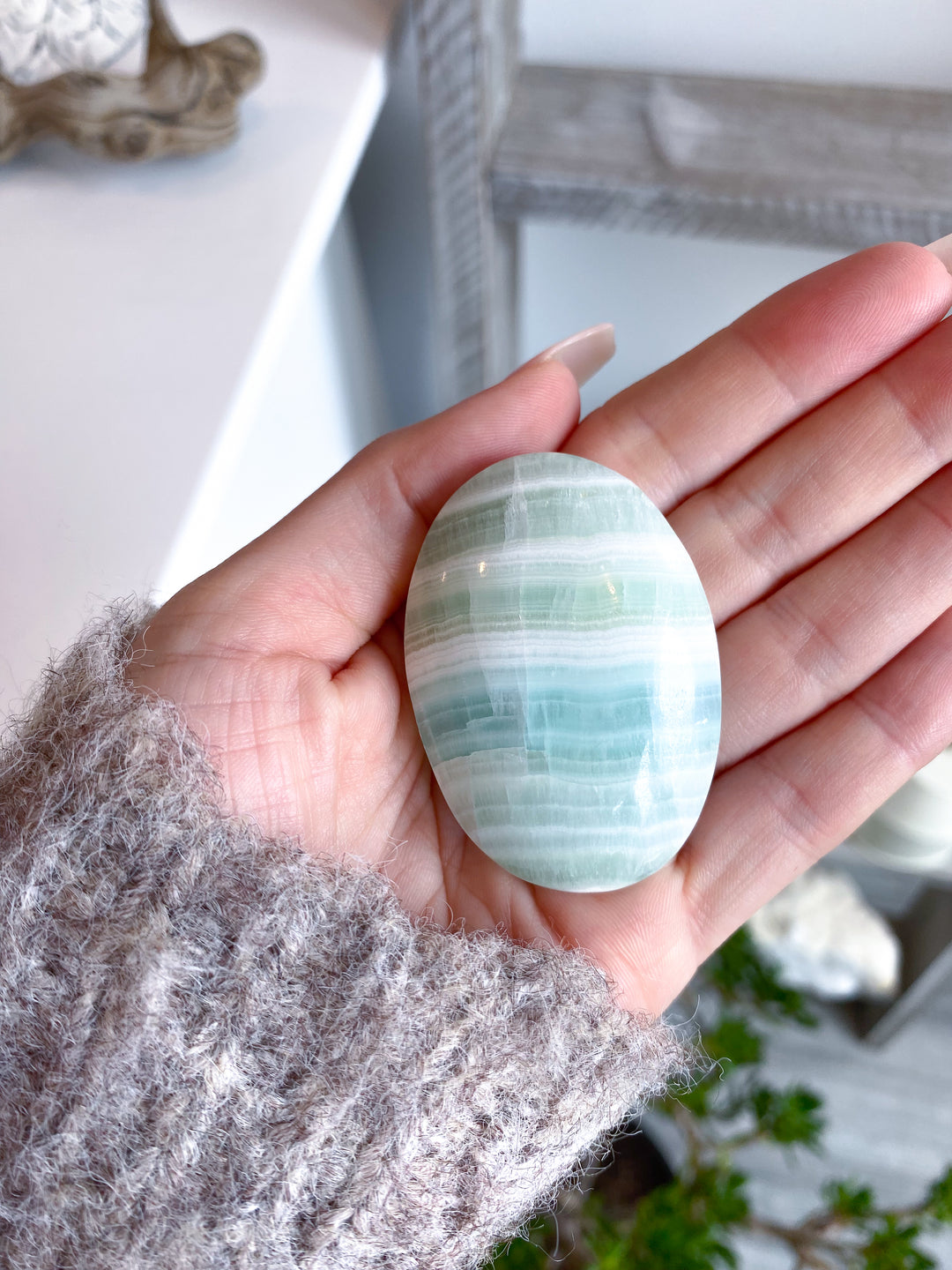 Striped Small Pistachio Calcite Palm Stone #2 - Green Calcite