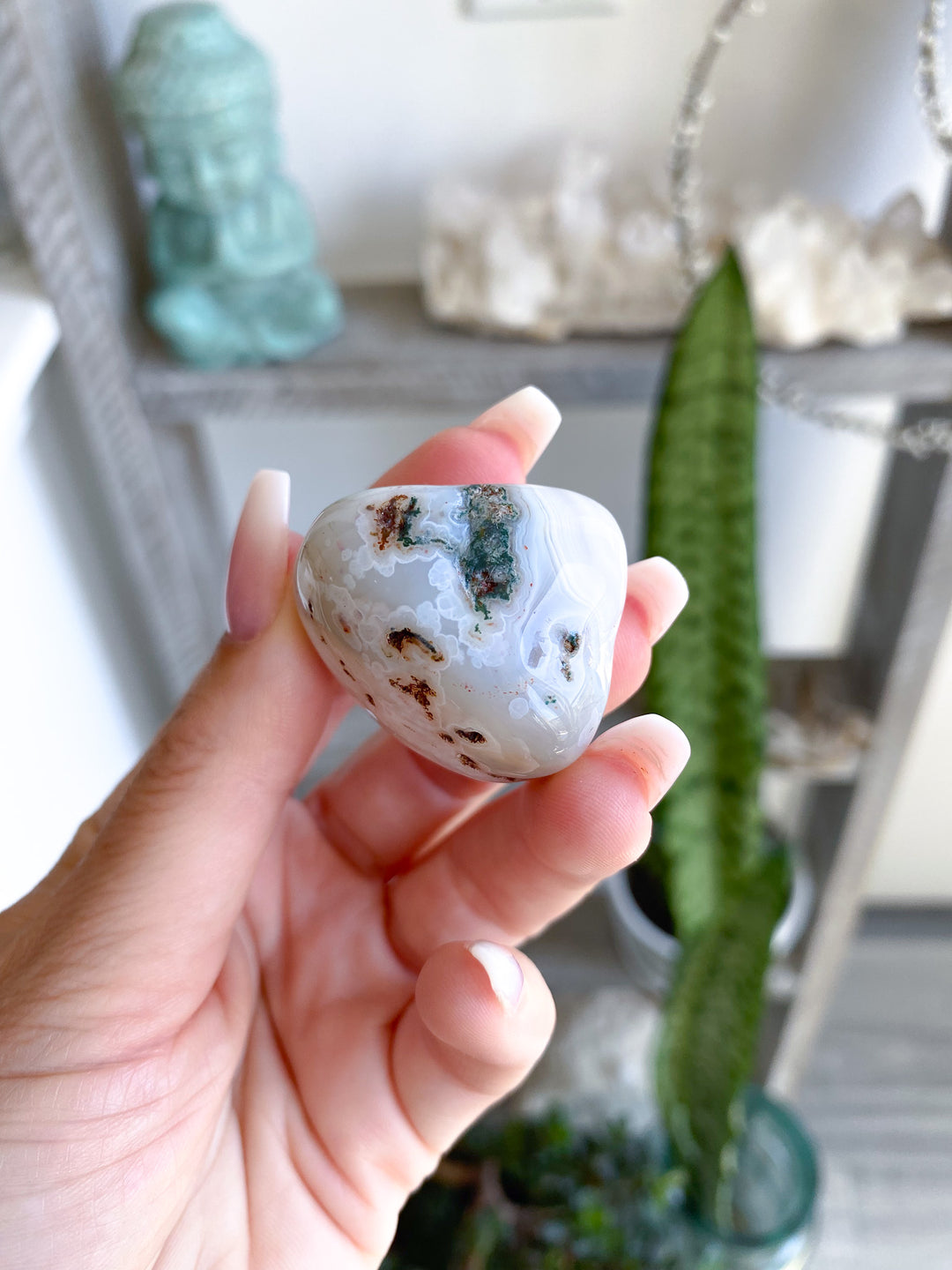 White Botswana Agate Pebble w/ Green Inclusion 