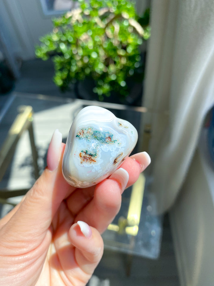 White Botswana Agate Pebble w/ Green Inclusion 