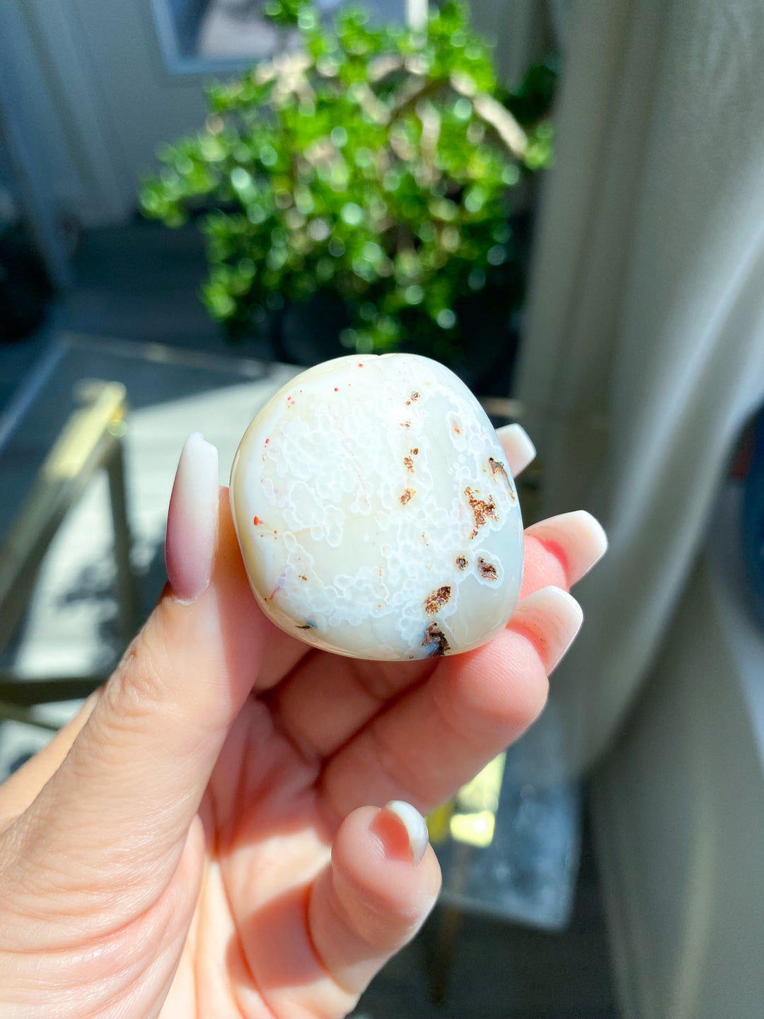 White Botswana Agate Pebble w/ Green Inclusion 