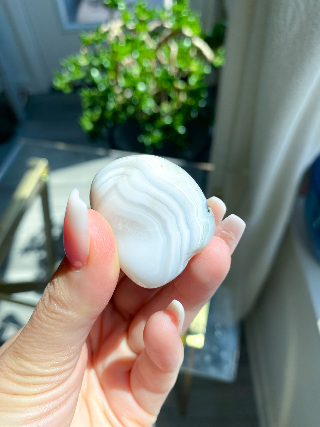 White Botswana Agate Pebble w/ Green Inclusion 