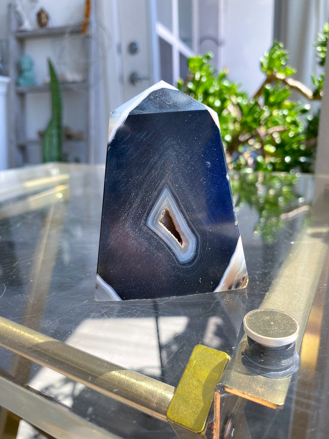 Black Agate Standing Slice Tower 