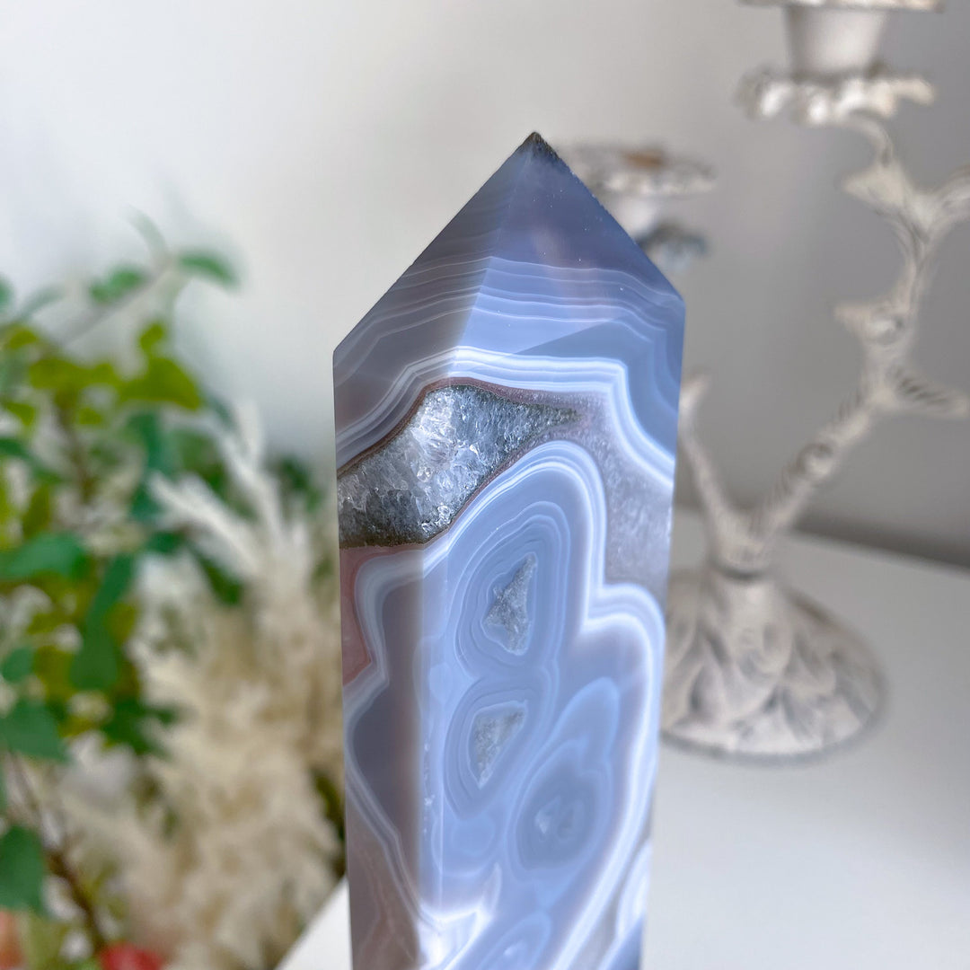 Druzy Blue Agate Standing Slice Tower 
