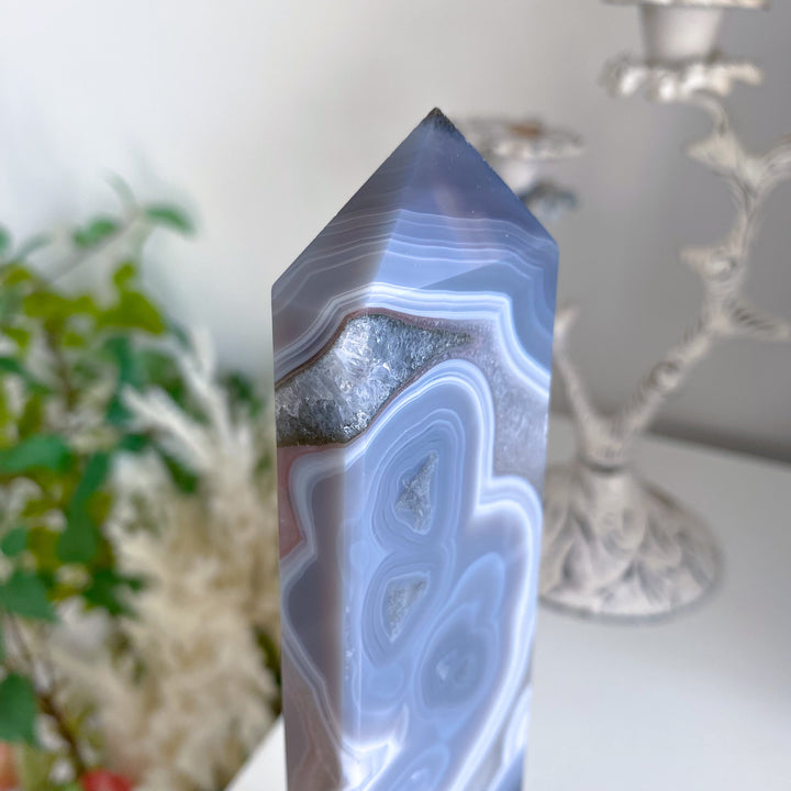 Druzy Blue Agate Standing Slice Tower 