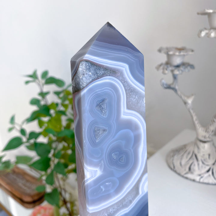 Druzy Blue Agate Standing Slice Tower 