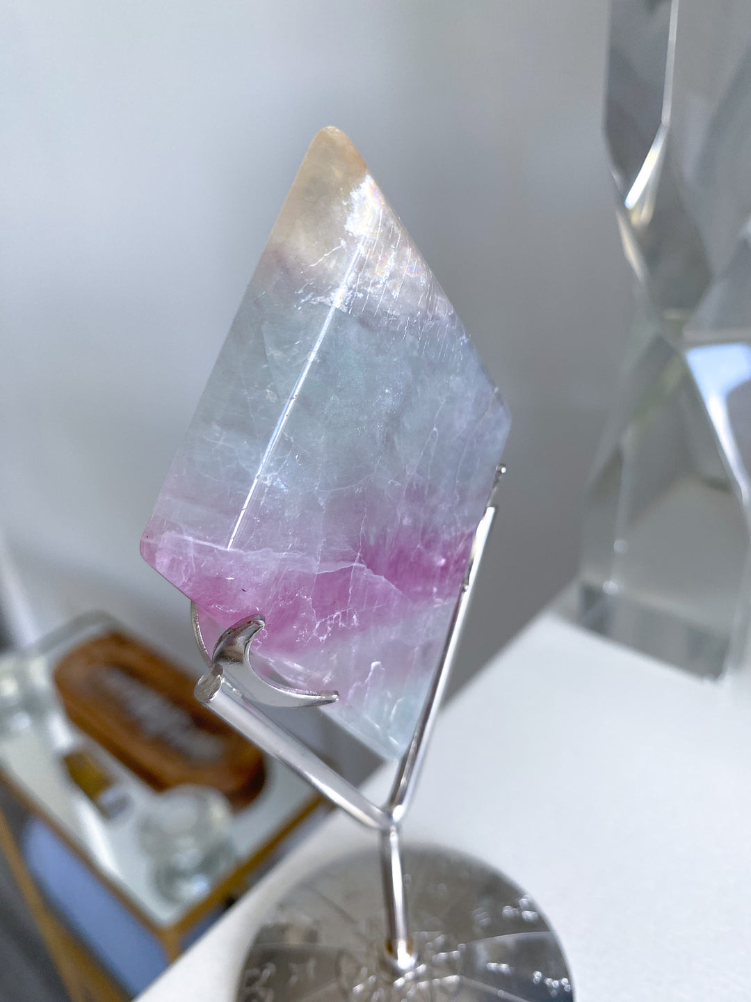 B Quality Aqua &amp; Purple Fluorite Diamond on Stand 