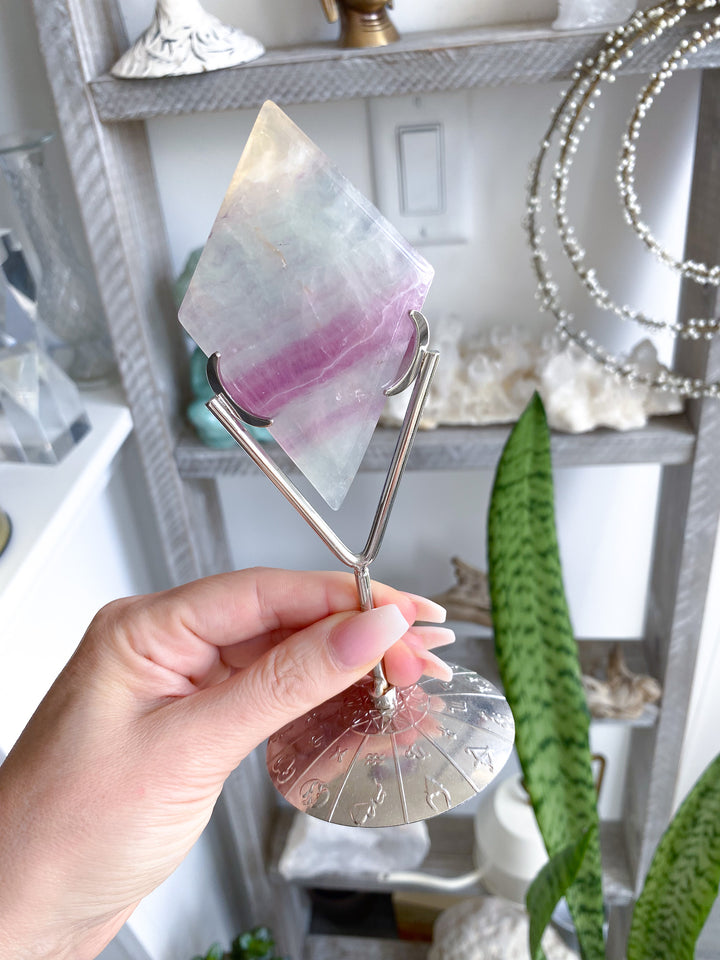 B Quality Aqua &amp; Purple Fluorite Diamond on Stand 