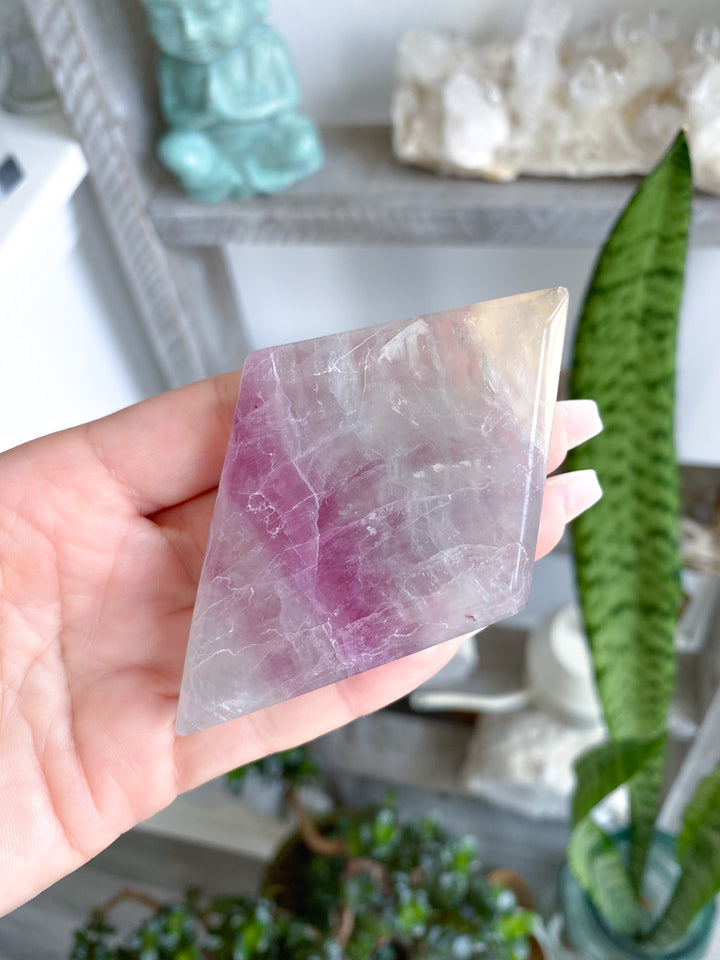 B Quality Aqua &amp; Purple Fluorite Diamond on Stand 