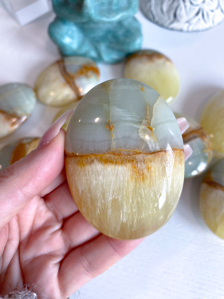 RARE Green Onyx and Yellow Calcite Palm Stone