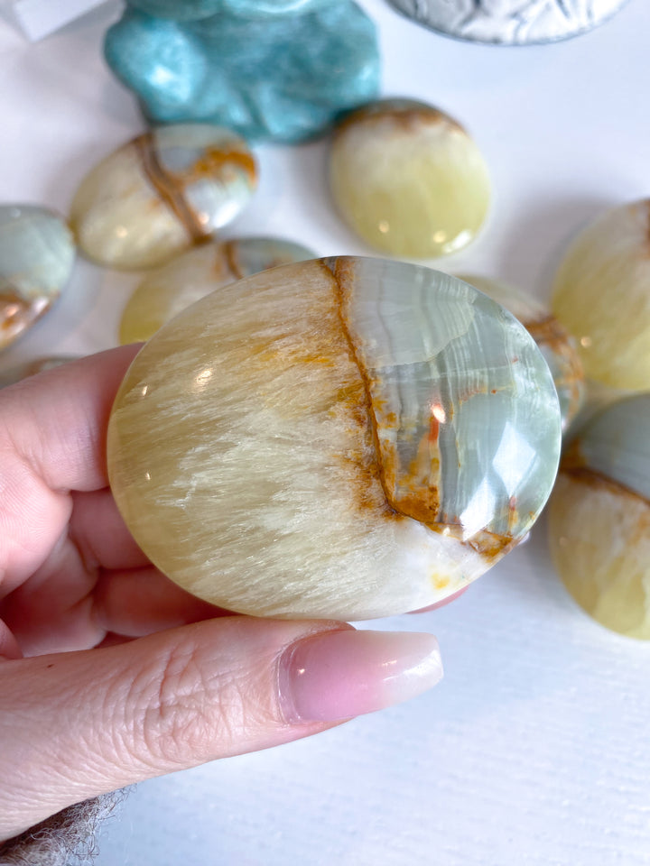 RARE Green Onyx and Yellow Calcite Palm Stone