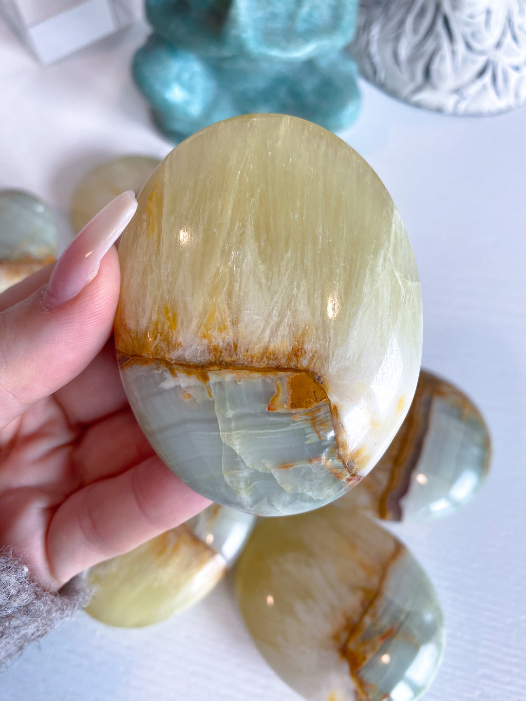 RARE Green Onyx and Yellow Calcite Palm Stone