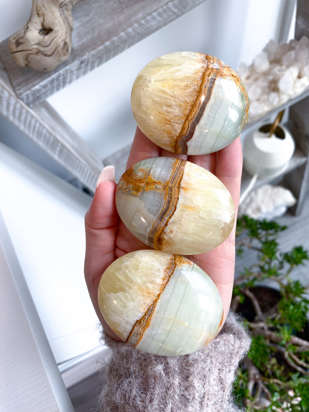 RARE Green Onyx and Yellow Calcite Palm Stone