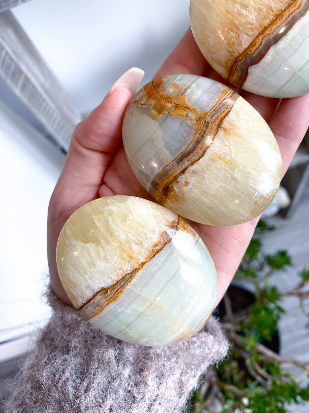 RARE Green Onyx and Yellow Calcite Palm Stone