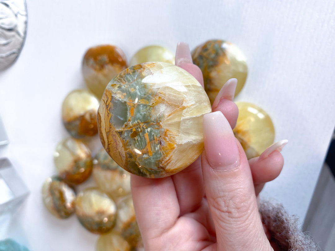 RARE Green Onyx and Yellow Calcite Large Coin