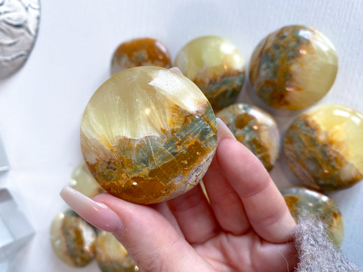RARE Green Onyx and Yellow Calcite Large Coin
