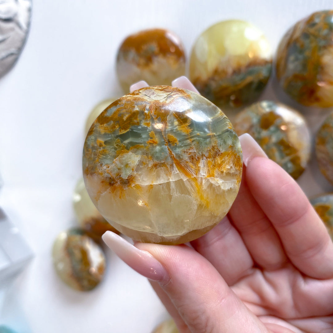 RARE Green Onyx and Yellow Calcite Large Coin