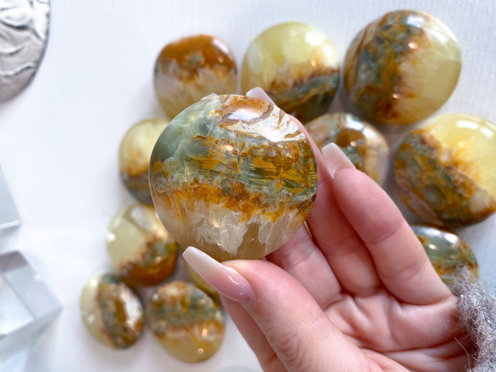 RARE Green Onyx and Yellow Calcite Large Coin