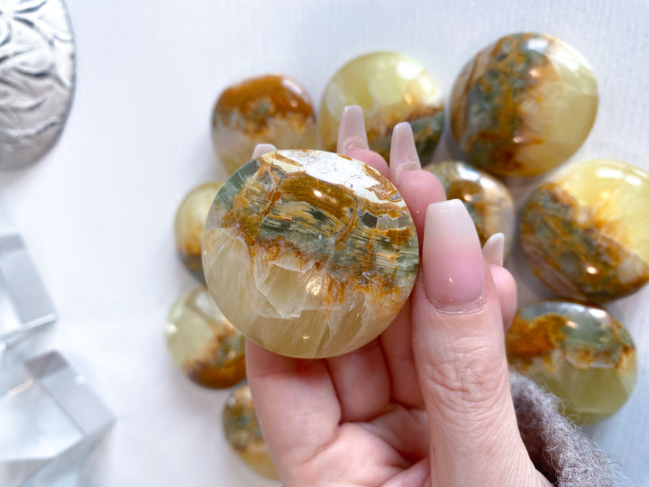 RARE Green Onyx and Yellow Calcite Large Coin
