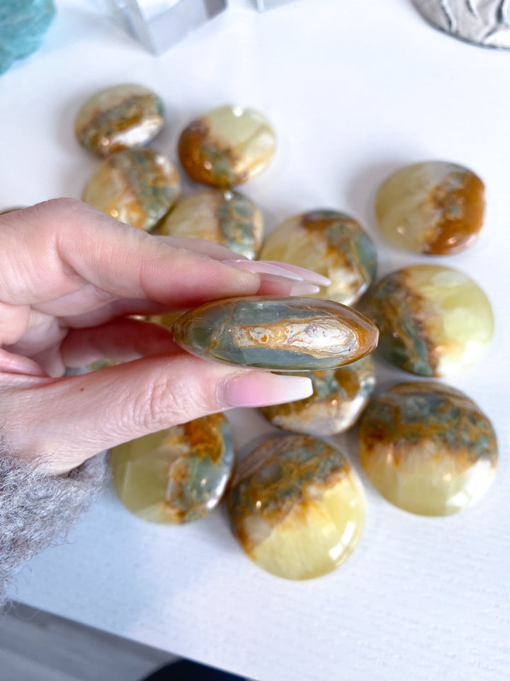 RARE Green Onyx and Yellow Calcite Large Coin