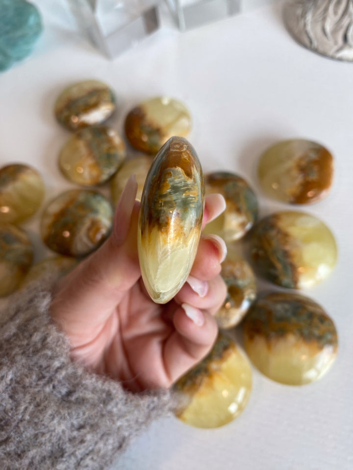 RARE Green Onyx and Yellow Calcite Large Coin