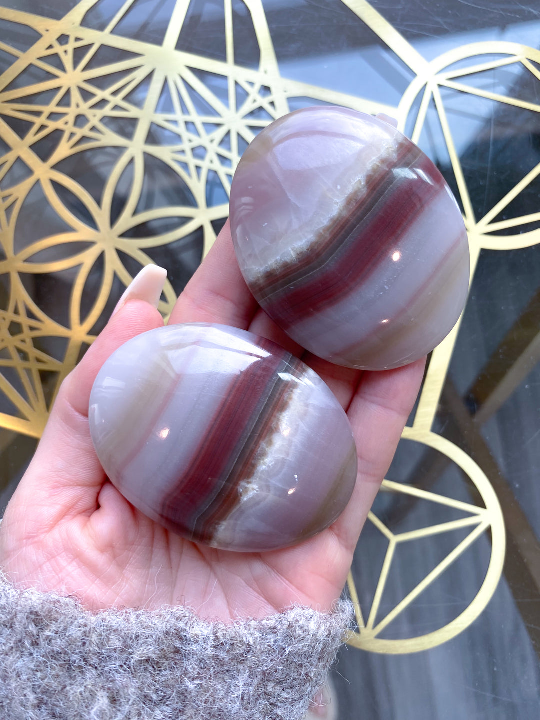 Banded Pink Oynx Palm Stone