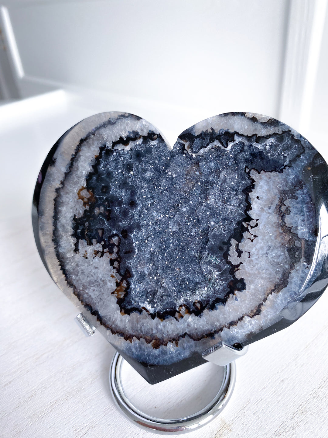 Large Druzy Black Agate Heart on Stand #2