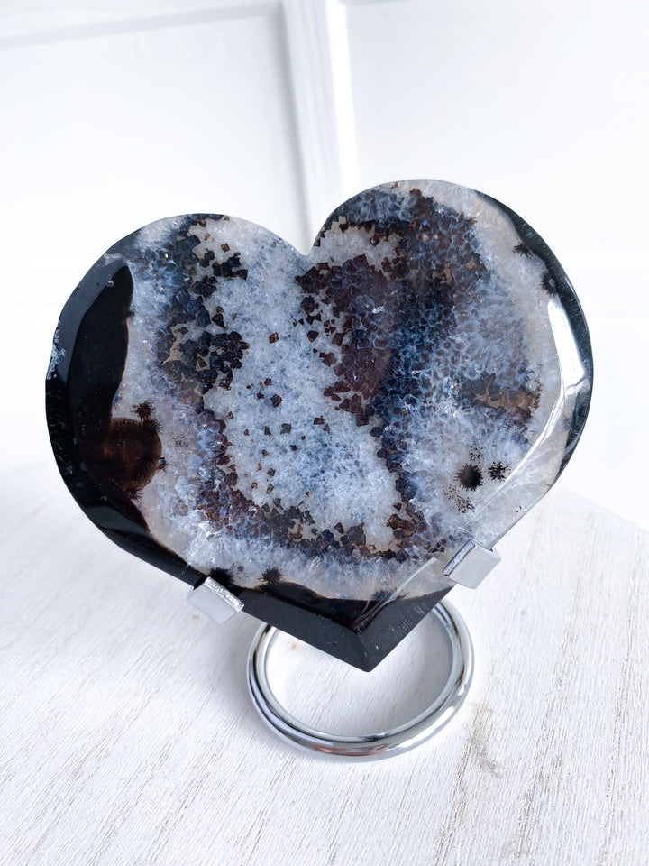 Large Druzy Black Agate Heart on Stand #2