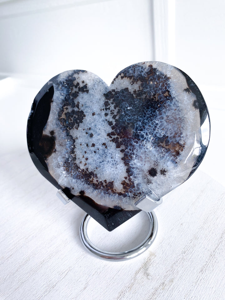 Large Druzy Black Agate Heart on Stand #2