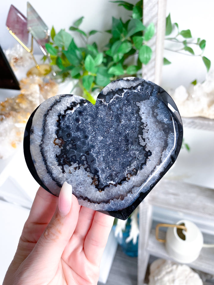 Large Druzy Black Agate Heart on Stand #2