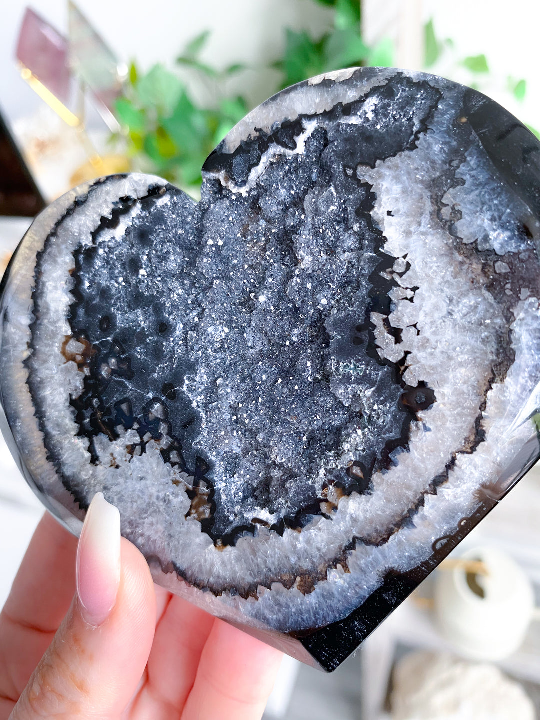 Large Druzy Black Agate Heart on Stand #2