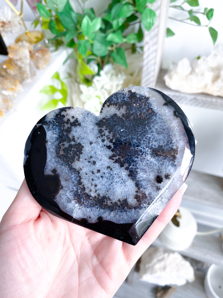 Large Druzy Black Agate Heart on Stand #2