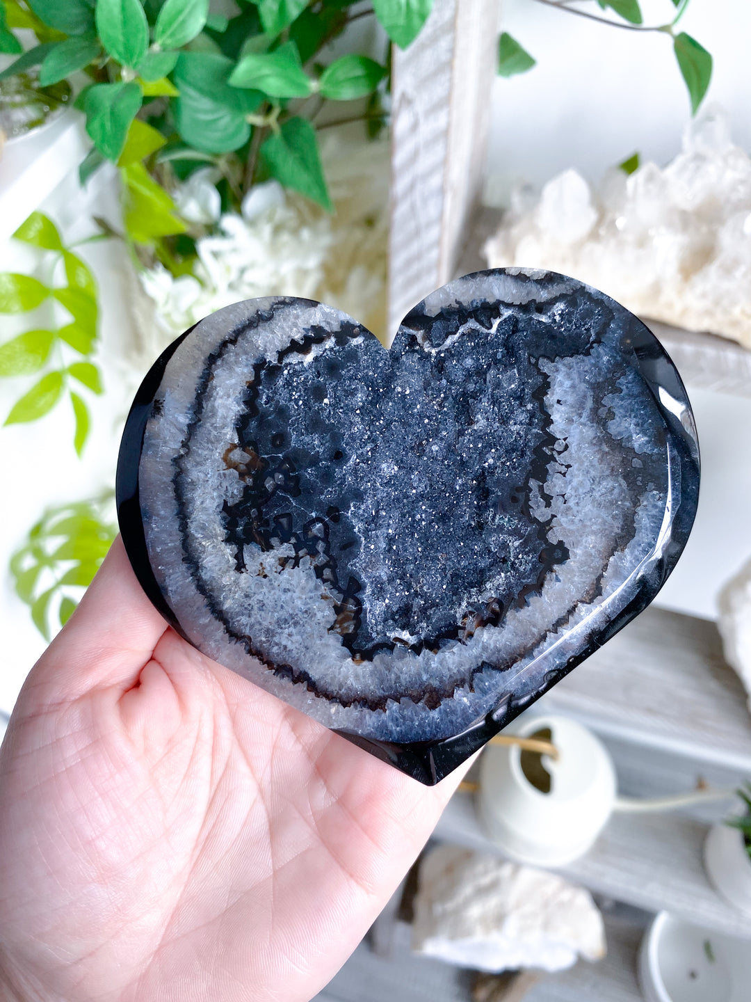 Large Druzy Black Agate Heart on Stand #2