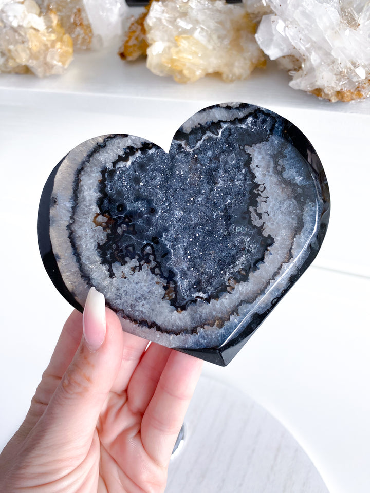 Large Druzy Black Agate Heart on Stand #2
