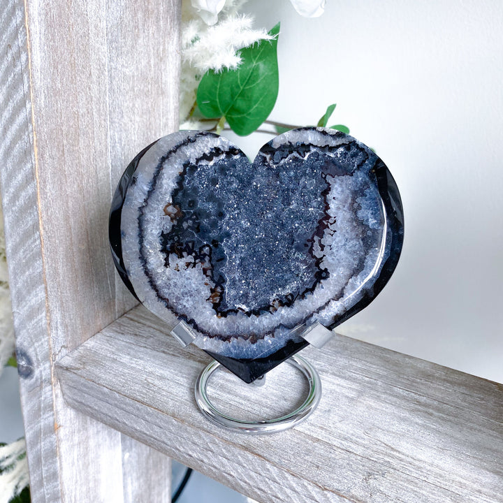 Large Druzy Black Agate Heart on Stand #2