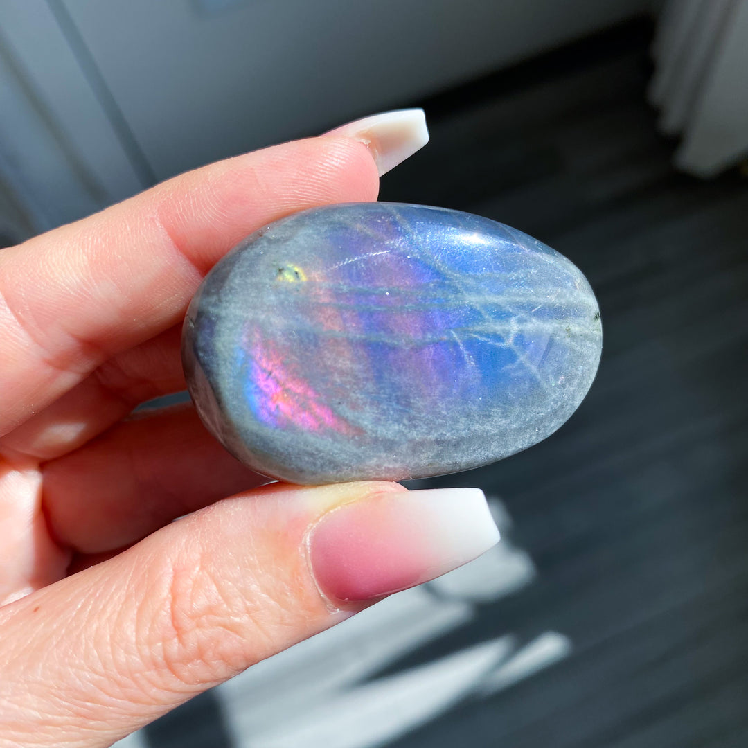 Flashy Pink Sunset Labradorite Palm Stone 