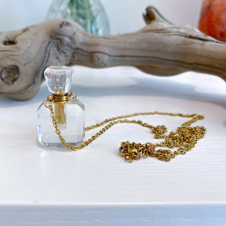 Clear Quartz Perfume Bottle Necklace - Essential Oil Holder